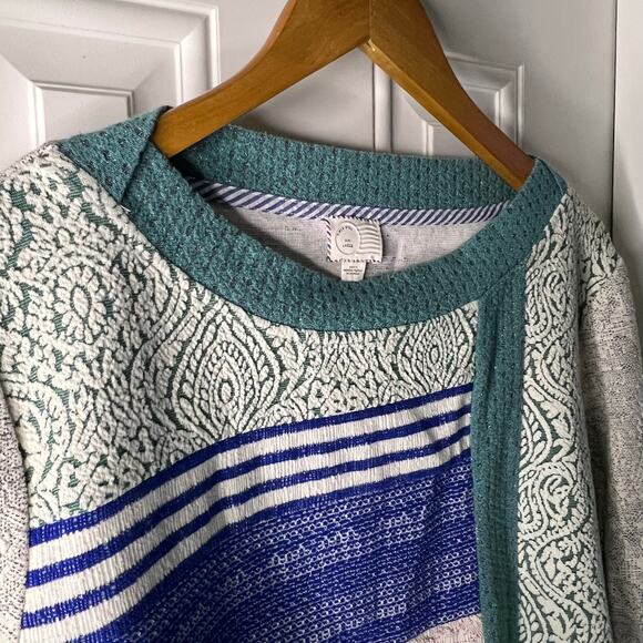 Postmark x Anthro, Latitudes Patchwork Textured Sweater, White Pink Blue - Large - Picture 4 of 7